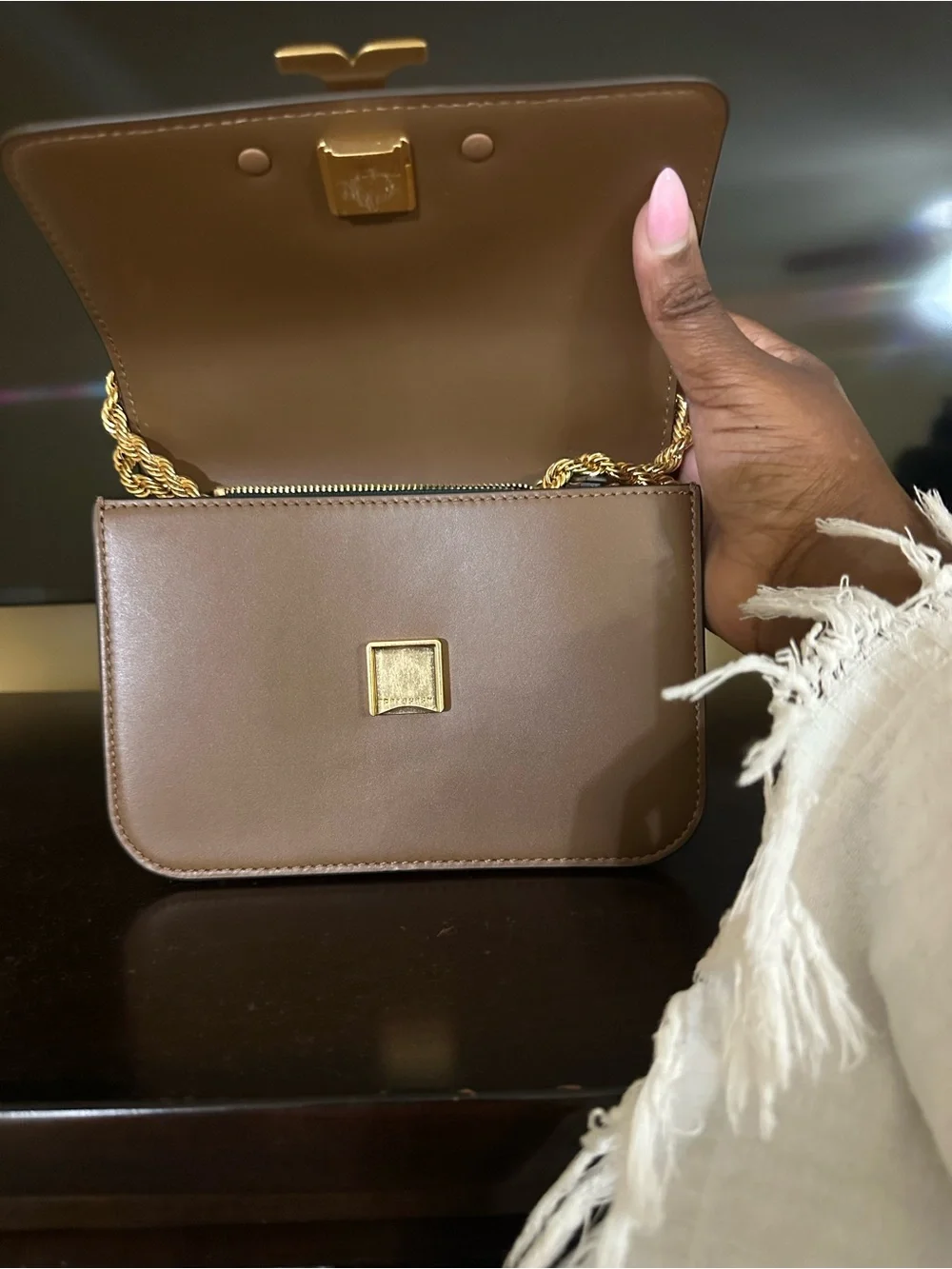 Tory Burch Taupe Leather Crossbody with Gold Logo & Chain